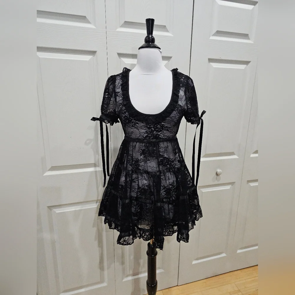 Dolls Kill Sexy Goth Lace House On The Hill Little Black Babydoll Mini Dress S - Picture 14 of 14